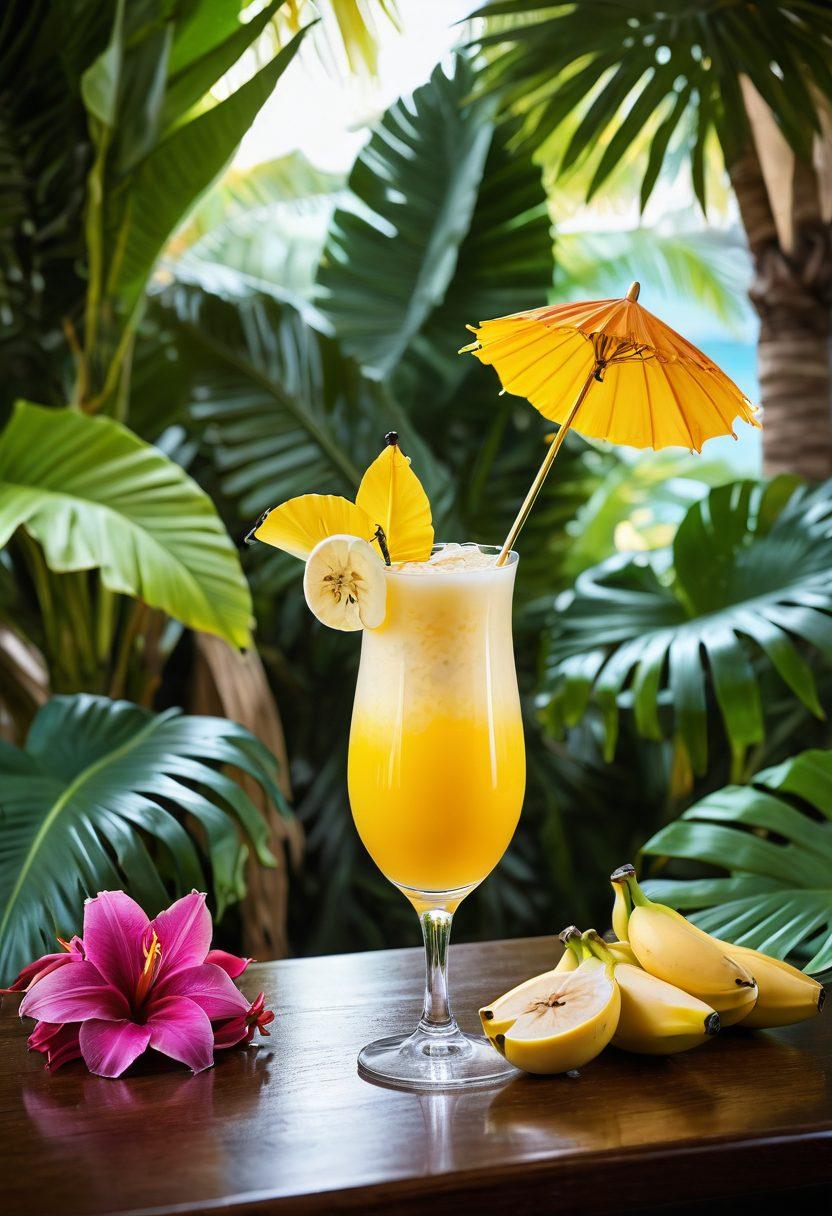 A tropical bar scene featuring a beautifully arranged banana liqueur cocktail with garnishes of fresh bananas and colorful umbrellas. Soft lighting illuminates the background adorned with palm leaves and exotic flowers, creating a paradise atmosphere. A hint of ocean waves visible through an open window enhances the vibe. The overall mood should exude relaxation and creativity. super-realistic. vibrant colors. tropical theme.