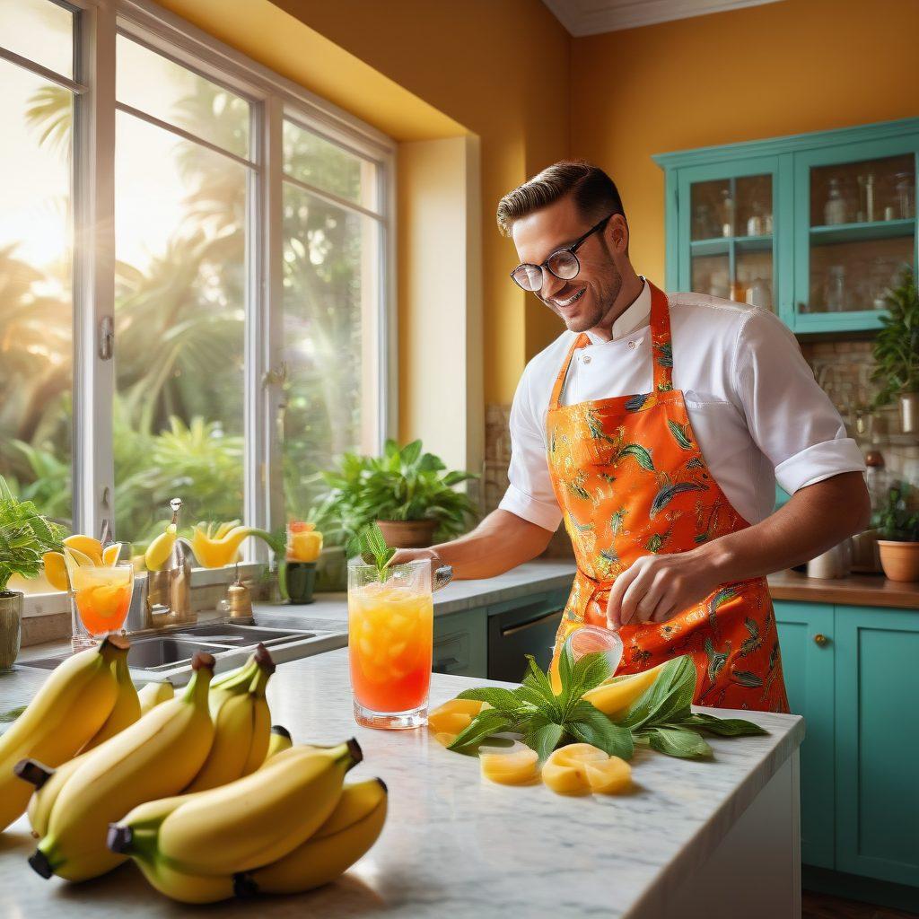 A vibrant kitchen scene showcasing an array of banana-infused drinks in colorful glasses, with fresh bananas, mint leaves, and ice scattered around. A cheerful chef in a colorful apron is shaking a cocktail shaker, while a stunning sunset pours golden light through a window. The atmosphere conveys creativity and fun, highlighting the delicious possibilities of banana infusions. vibrant colors. super-realistic. lively atmosphere.