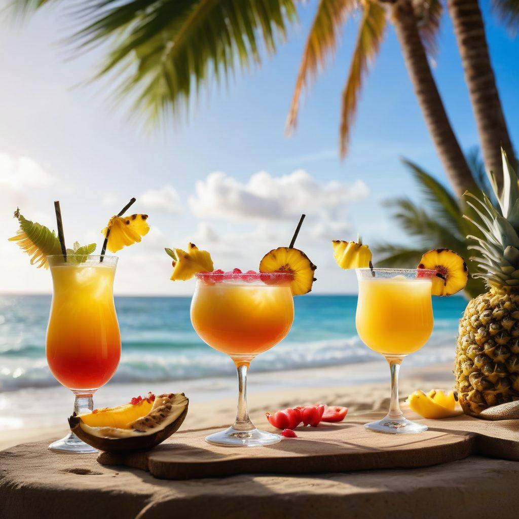 A vibrant tropical scene featuring an array of exotic banana liqueur cocktails, garnished with colorful fruits like pineapples and passion fruits. Include a sun-drenched beach in the background with palm trees swaying and a refreshing ocean breeze. The cocktails should be visually striking with playful glassware and engaging mixing techniques demonstrated in the foreground. Bright and warm colors to evoke a lively summer atmosphere. 3D. vibrant colors.